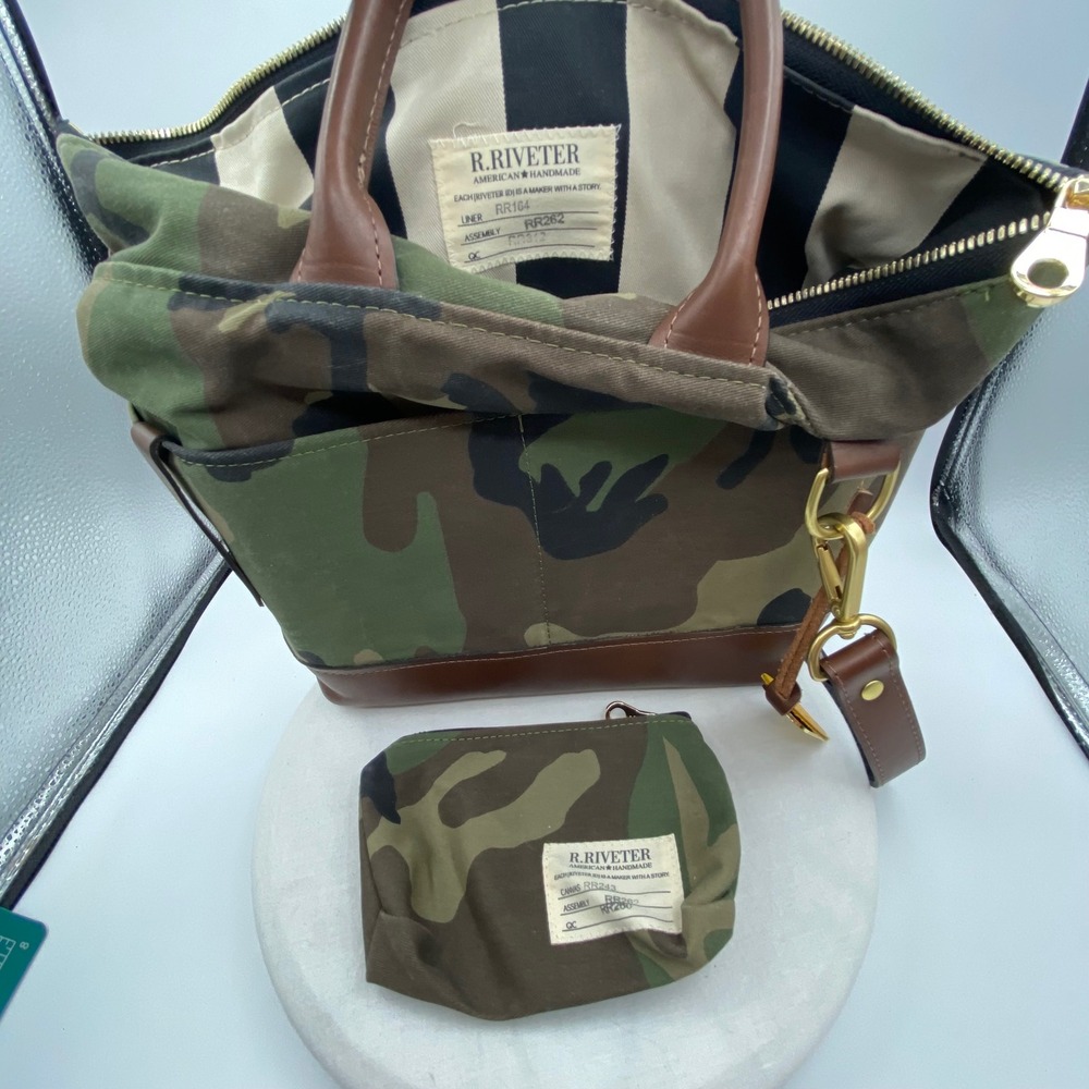 R.Riveter Womens Medium Tote Bag Camo Canvas Leather Crossbody Green Brown Hand